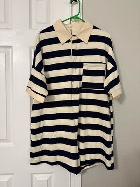 Striped Short Sleeve Polo Romper in Navy and Cream